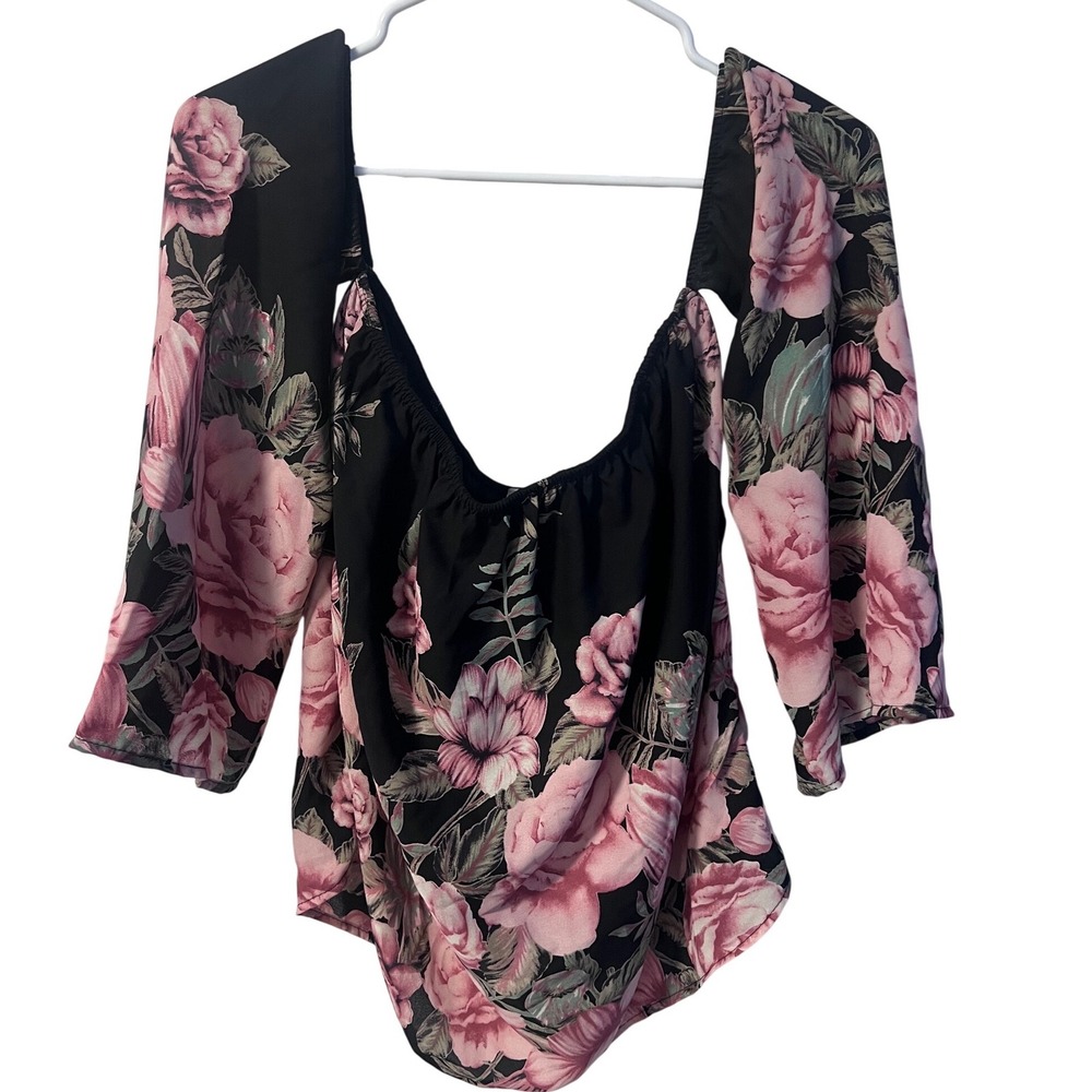 Daytrip Womens Pink Rose Floral Off The Shoulder 3/4 Bell Sleeve Blouse Black M
